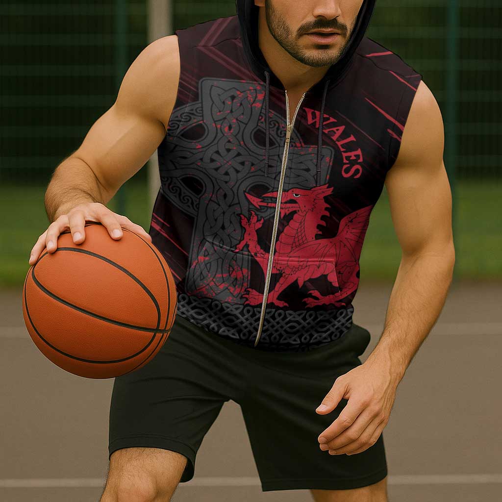 Wales Sleeveless Zip Hoodie Celtic Cross Welsh Red Dragon - Wonder Print Shop