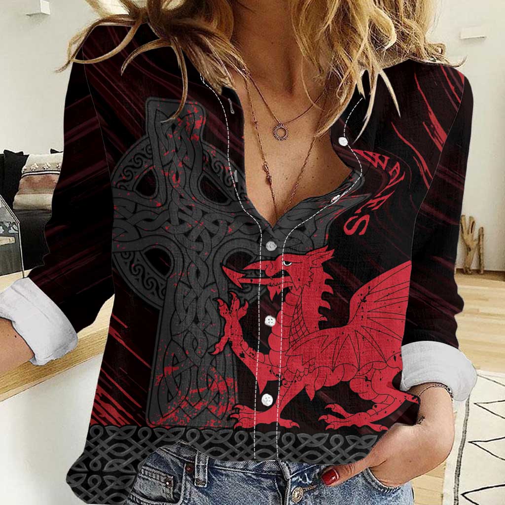 Wales Women Casual Shirt Celtic Cross Welsh Red Dragon - Wonder Print Shop