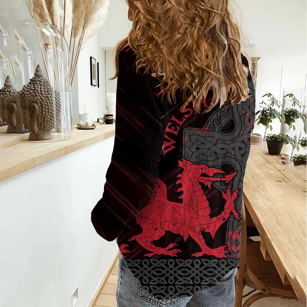 Wales Women Casual Shirt Celtic Cross Welsh Red Dragon - Wonder Print Shop