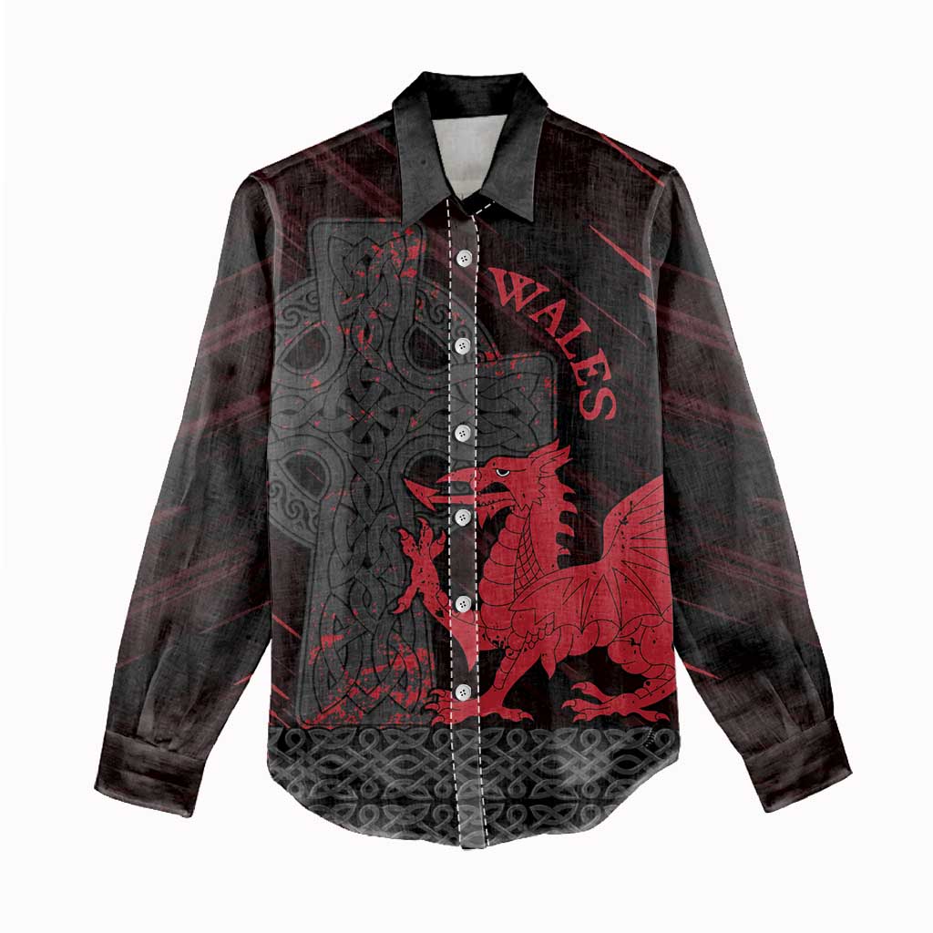 Wales Women Casual Shirt Celtic Cross Welsh Red Dragon - Wonder Print Shop