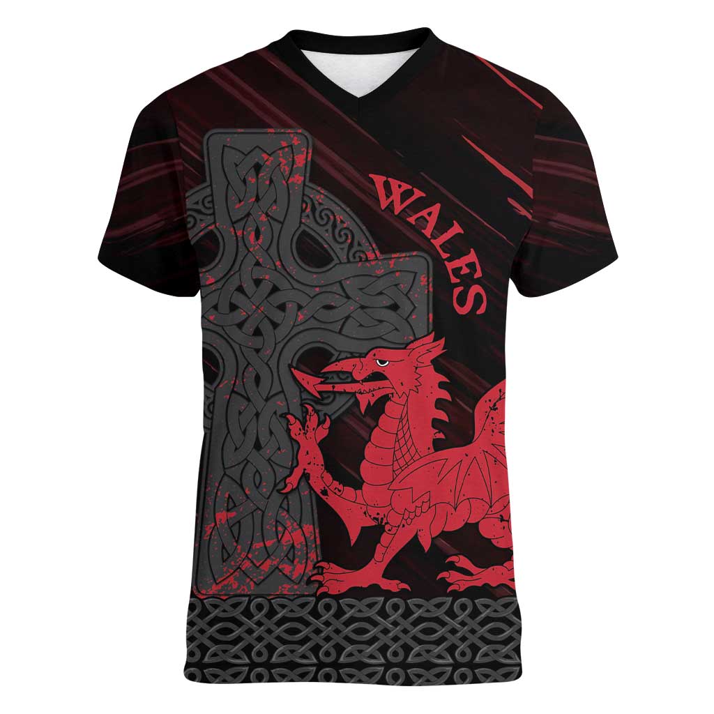 Wales Women V-Neck T-Shirt Celtic Cross Welsh Red Dragon - Wonder Print Shop