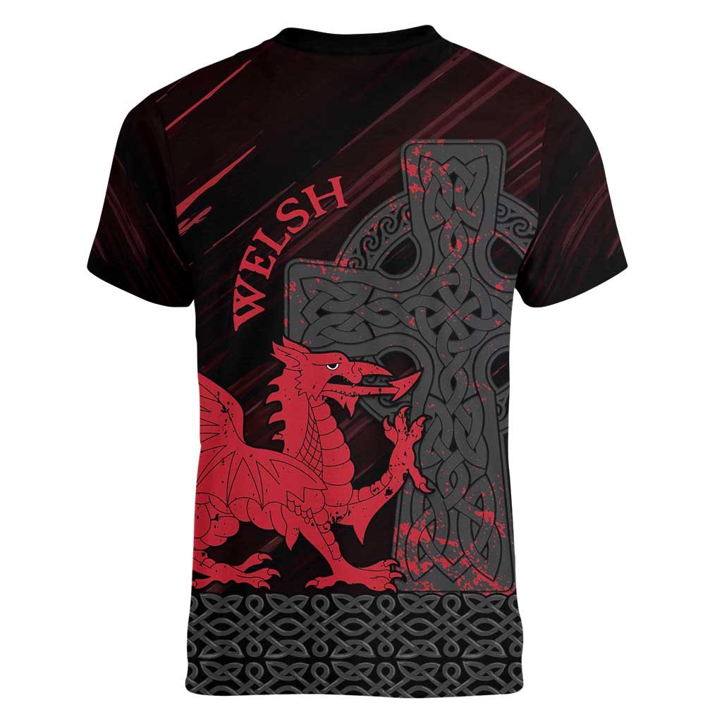 Wales Women V-Neck T-Shirt Celtic Cross Welsh Red Dragon - Wonder Print Shop