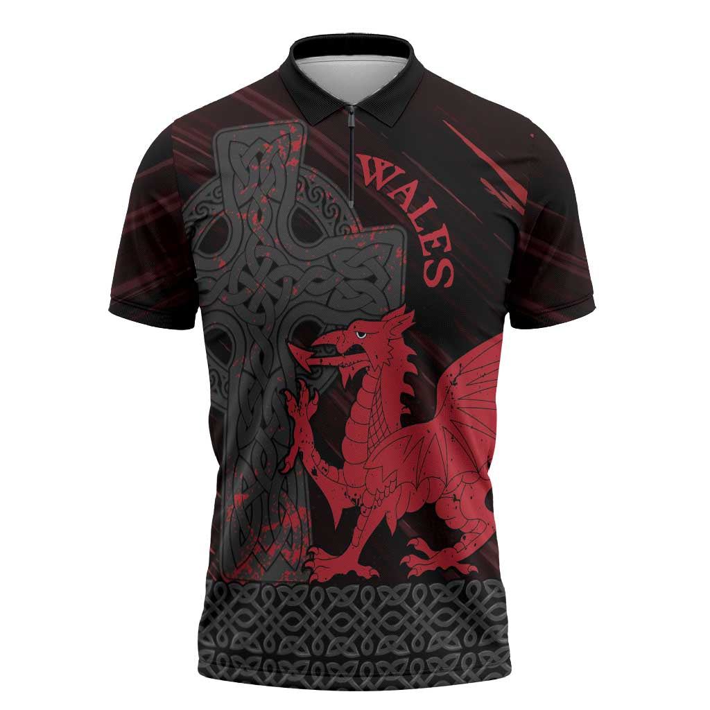 Wales Zipper Polo Shirt Celtic Cross Welsh Red Dragon - Wonder Print Shop