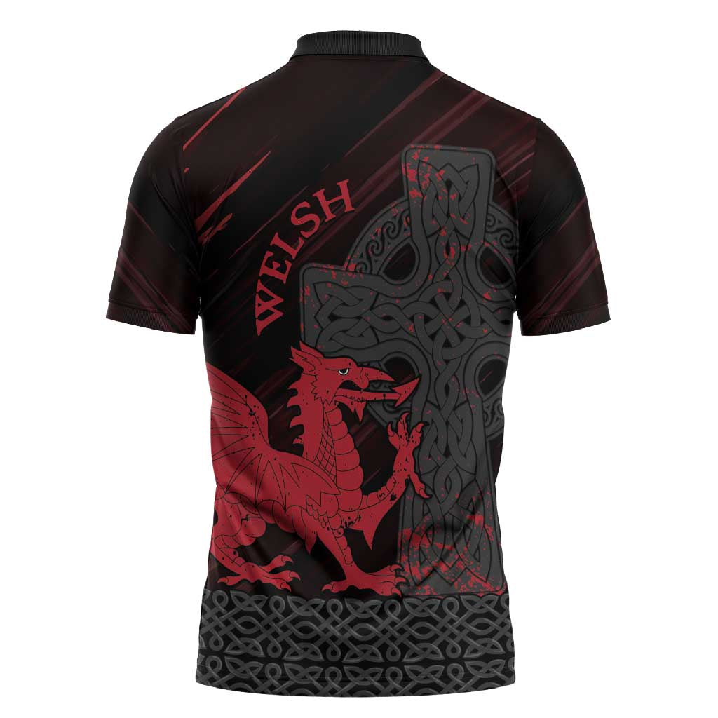 Wales Zipper Polo Shirt Celtic Cross Welsh Red Dragon - Wonder Print Shop