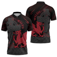 Wales Zipper Polo Shirt Celtic Cross Welsh Red Dragon - Wonder Print Shop