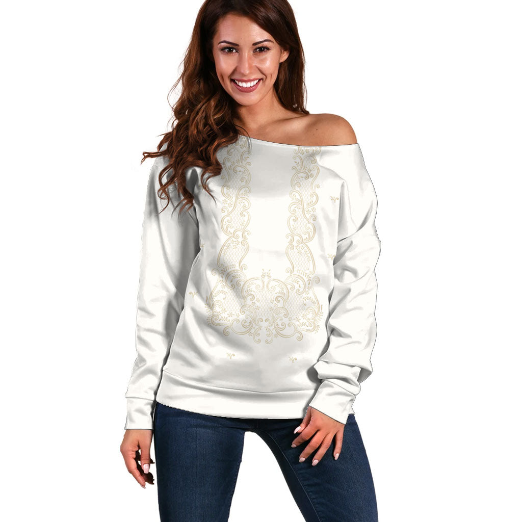 Philippines National Costume Off Shoulder Sweater Barong Tagalog Inspired Ivory White Color