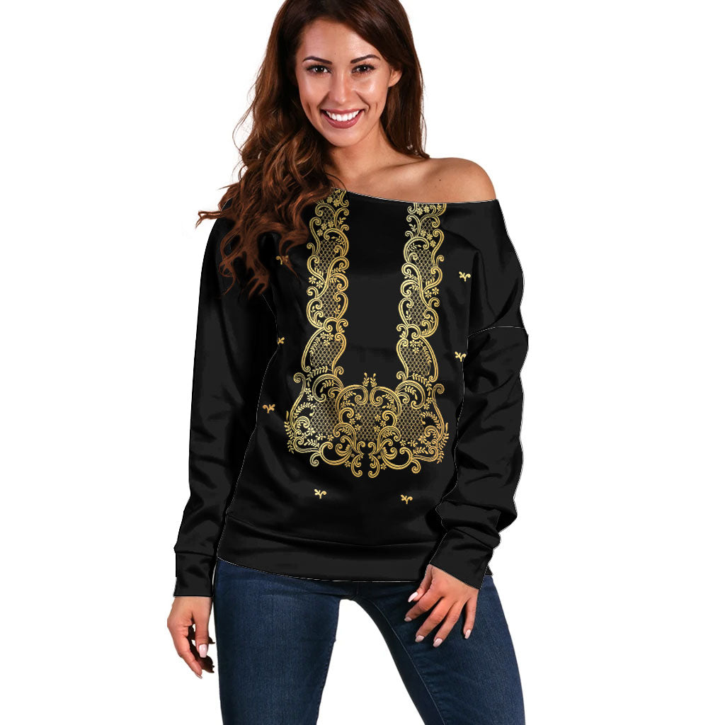 Philippines National Costume Off Shoulder Sweater Barong Tagalog Inspired Black Color