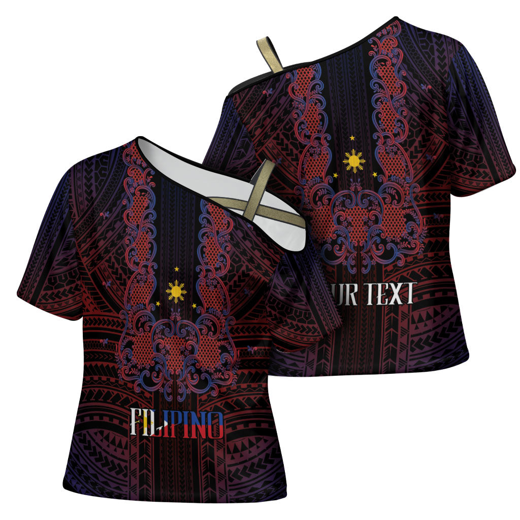 Filipino Barong Tagalog Inspired Personalised Cross Shoulder Shirt Mabuhay Philippines Festival Polynesian Pattern