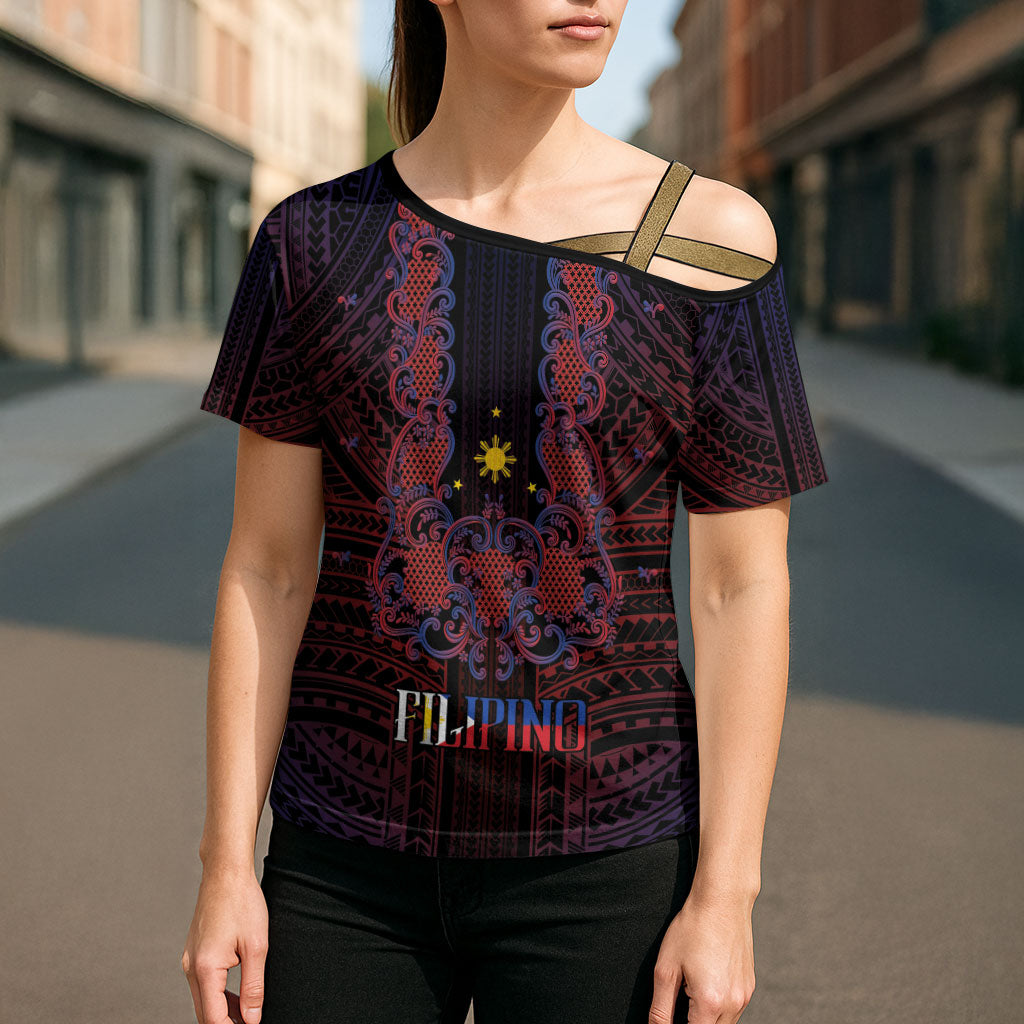 Filipino Barong Tagalog Inspired Personalised Cross Shoulder Shirt Mabuhay Philippines Festival Polynesian Pattern