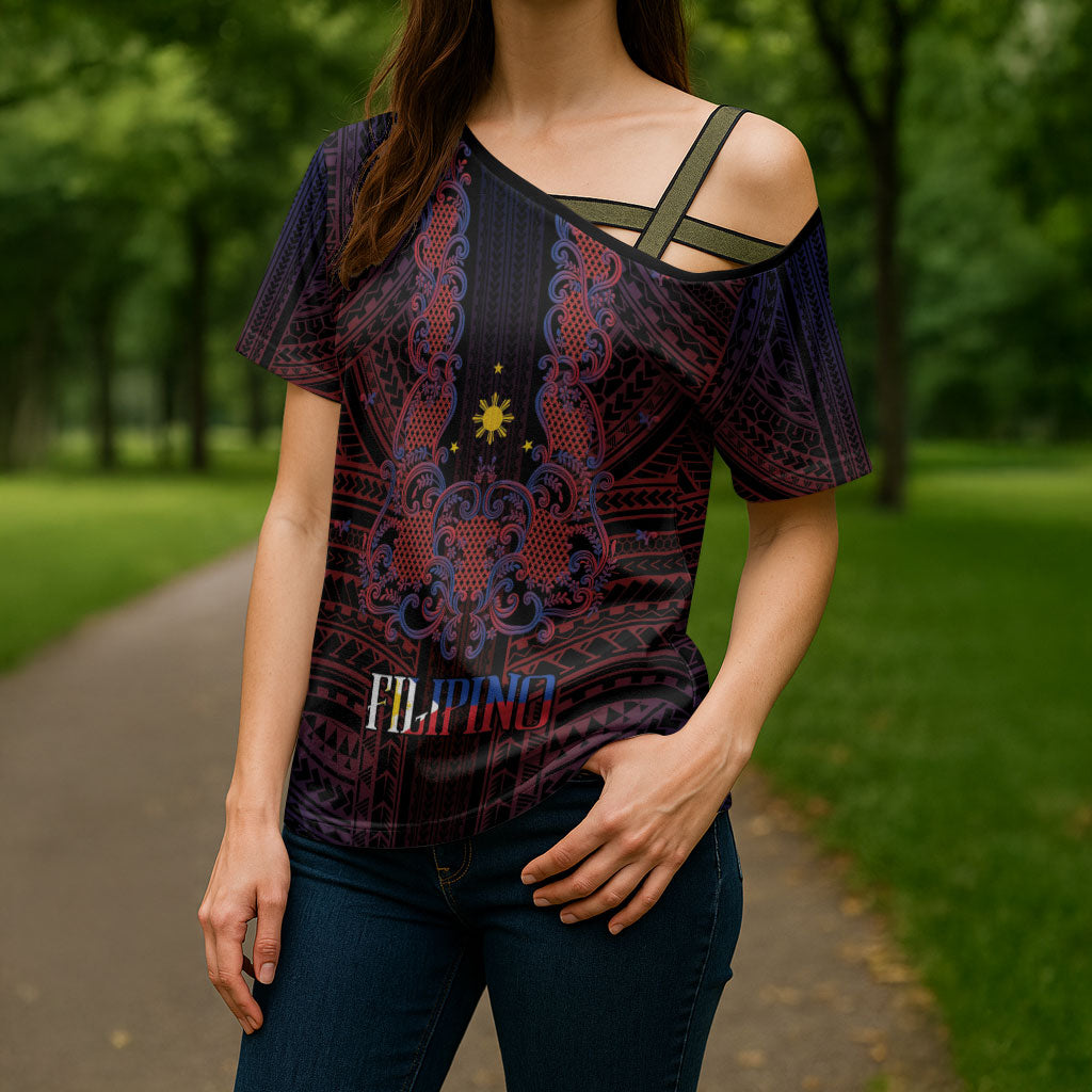 Filipino Barong Tagalog Inspired Personalised Cross Shoulder Shirt Mabuhay Philippines Festival Polynesian Pattern