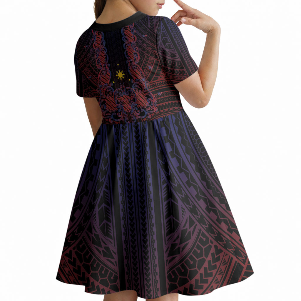Filipino Barong Tagalog Inspired Personalised Kid Short Sleeve Dress Mabuhay Philippines Festival Polynesian Pattern