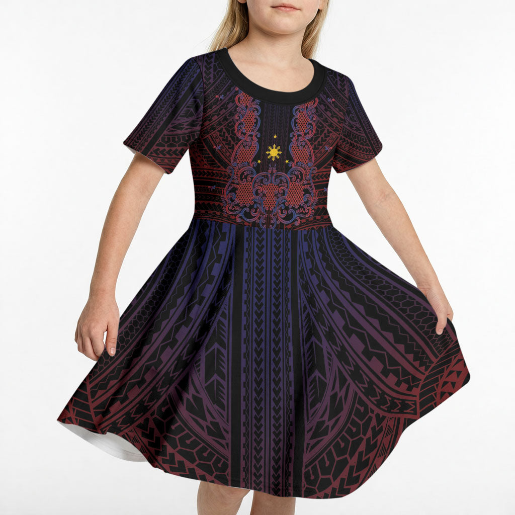 Filipino Barong Tagalog Inspired Personalised Kid Short Sleeve Dress Mabuhay Philippines Festival Polynesian Pattern