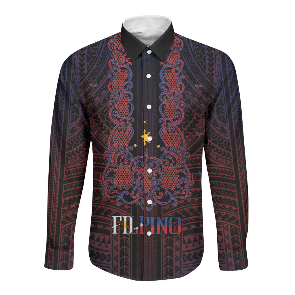 Filipino Barong Tagalog Inspired Personalised Long Sleeve Button Shirt Mabuhay Philippines Festival Polynesian Pattern