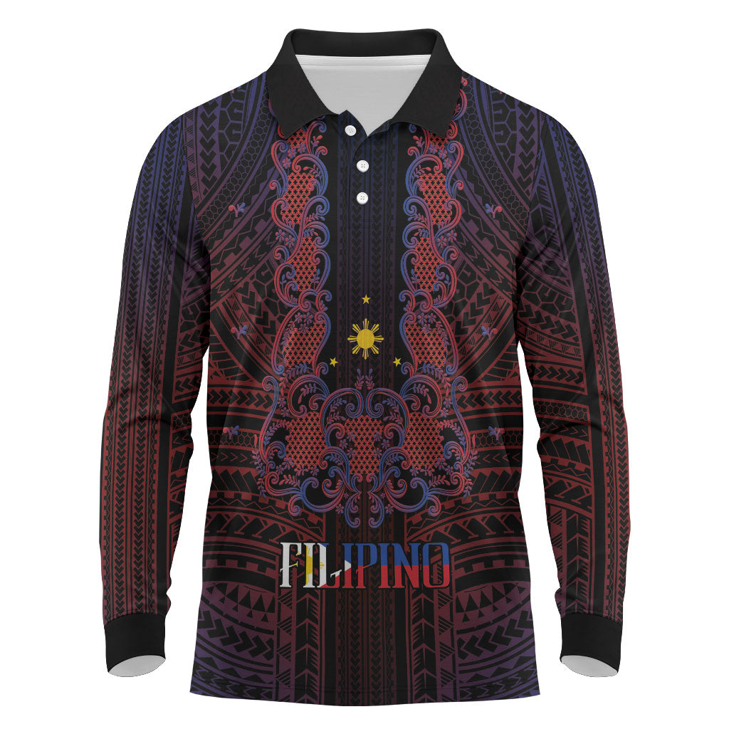 Filipino Barong Tagalog Inspired Personalised Long Sleeve Polo Shirt Mabuhay Philippines Festival Polynesian Pattern