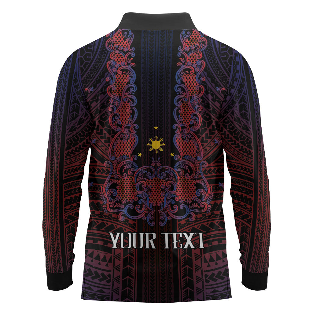 Filipino Barong Tagalog Inspired Personalised Long Sleeve Polo Shirt Mabuhay Philippines Festival Polynesian Pattern