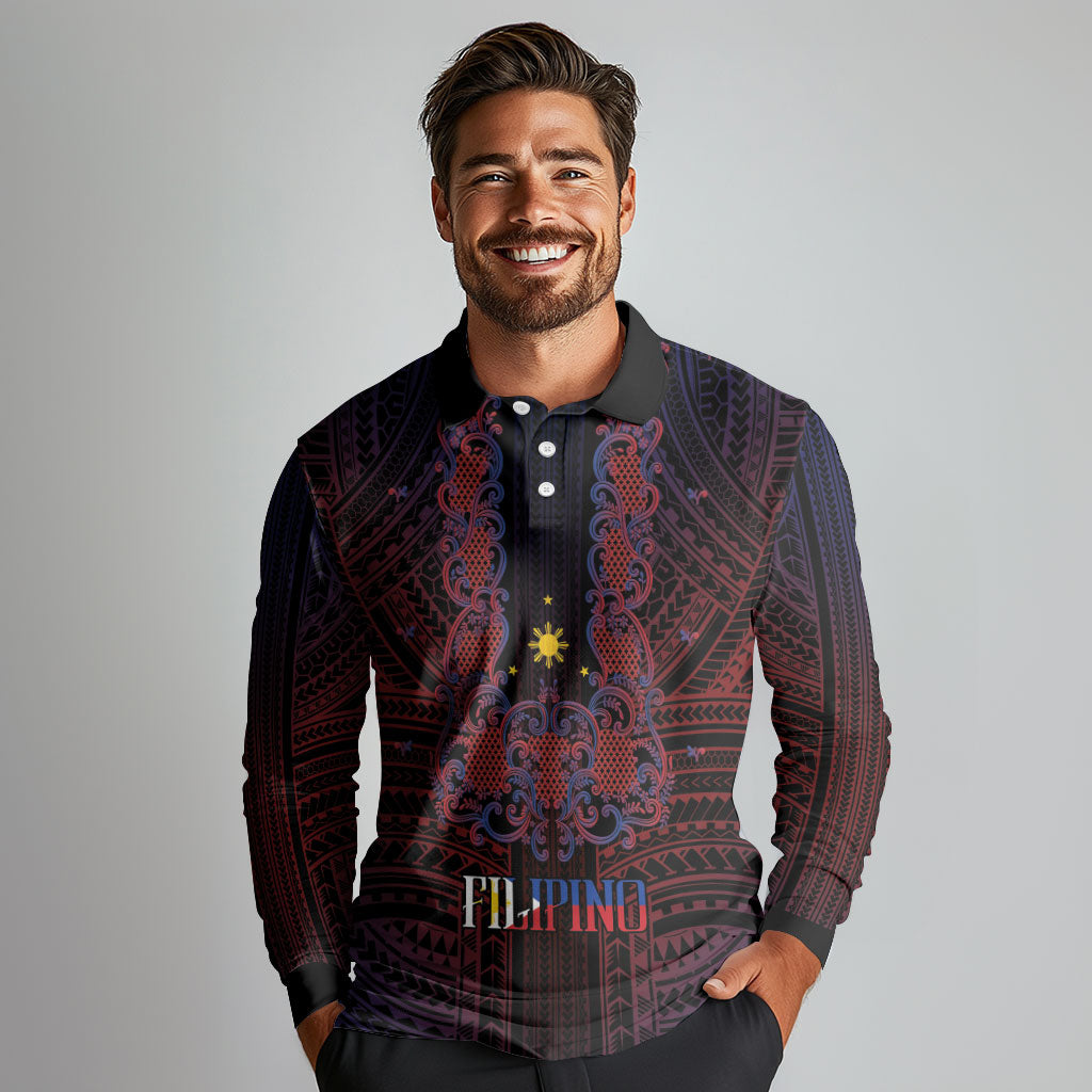Filipino Barong Tagalog Inspired Personalised Long Sleeve Polo Shirt Mabuhay Philippines Festival Polynesian Pattern