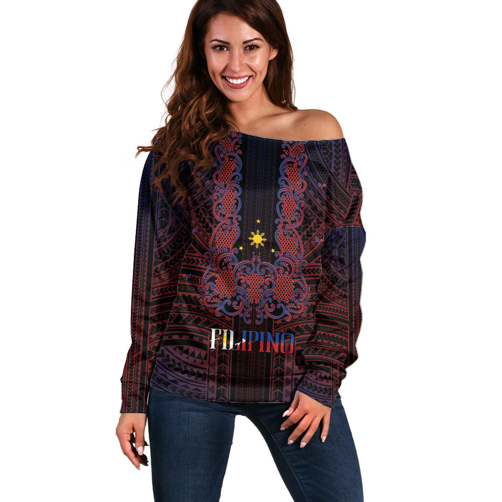 Filipino Barong Tagalog Inspired Personalised Off Shoulder Sweater Mabuhay Philippines Festival Polynesian Pattern