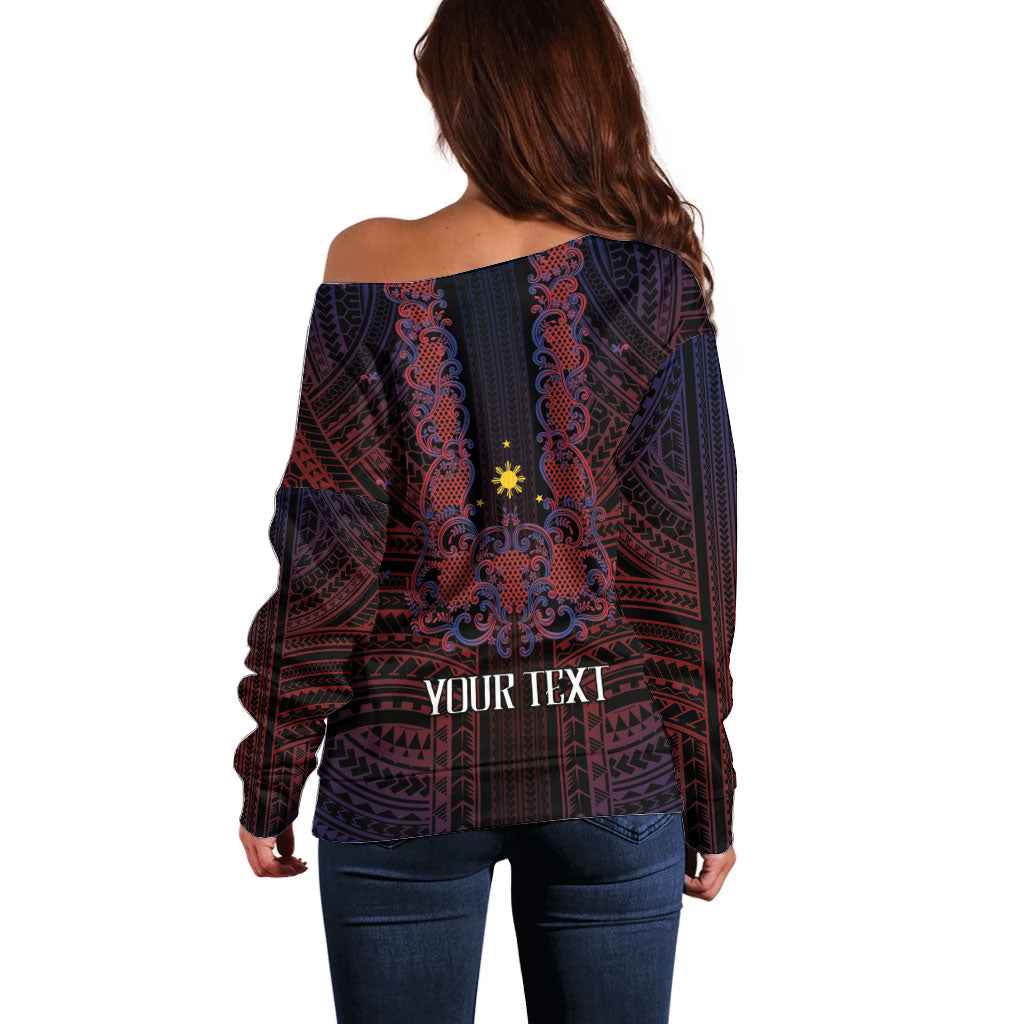 Filipino Barong Tagalog Inspired Personalised Off Shoulder Sweater Mabuhay Philippines Festival Polynesian Pattern
