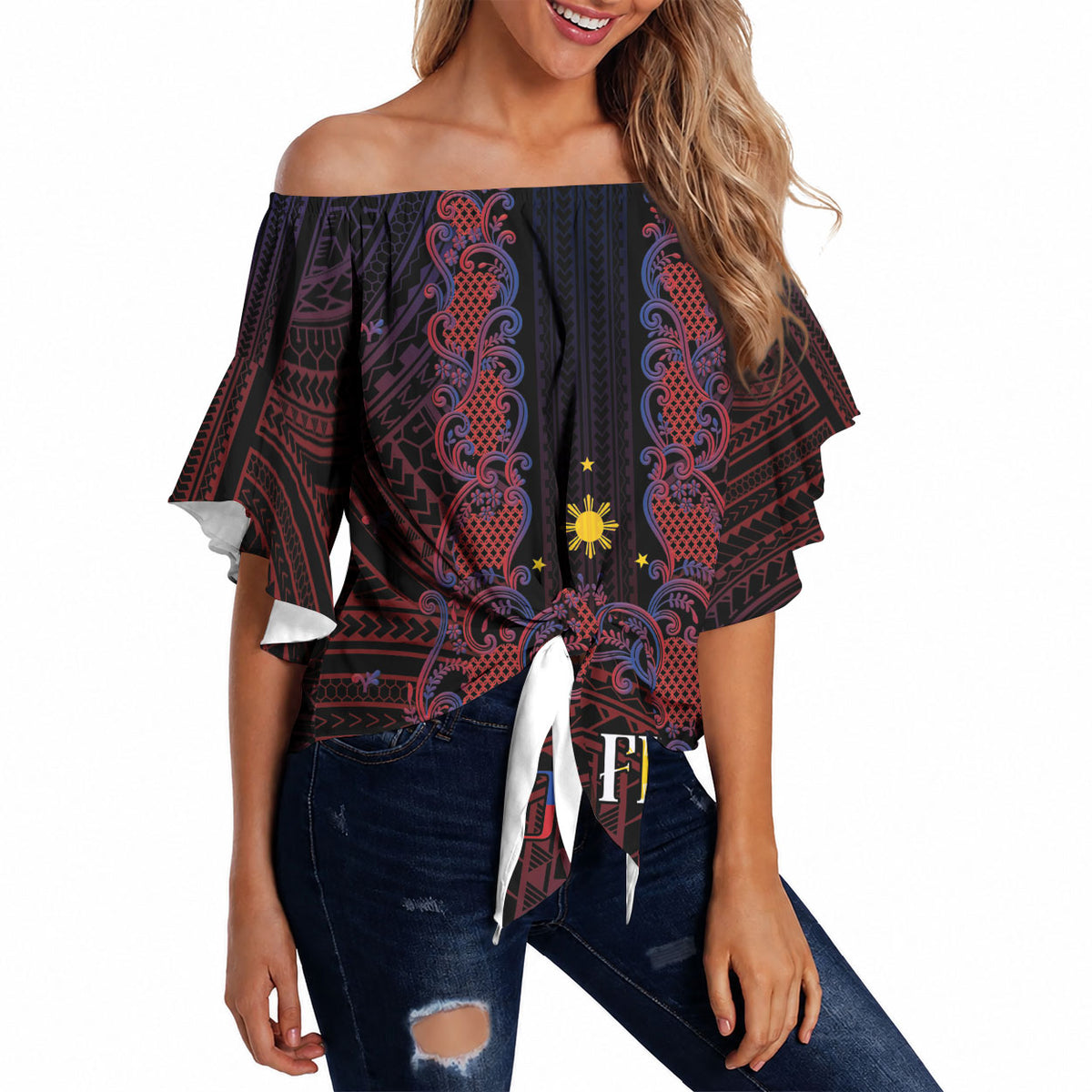 Filipino Barong Tagalog Inspired Personalised Off Shoulder Wrap Waist Top Mabuhay Philippines Festival Polynesian Pattern