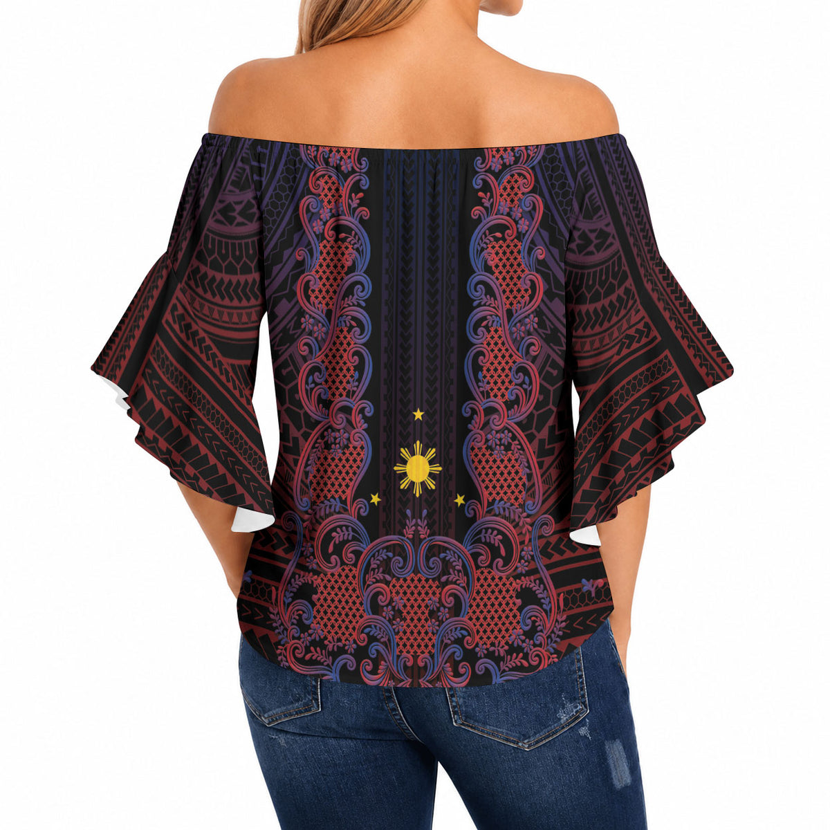 Filipino Barong Tagalog Inspired Personalised Off Shoulder Wrap Waist Top Mabuhay Philippines Festival Polynesian Pattern
