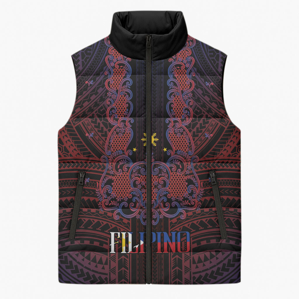 Filipino Barong Tagalog Inspired Personalised Sleeveless Puffer Jacket Mabuhay Philippines Festival Polynesian Pattern