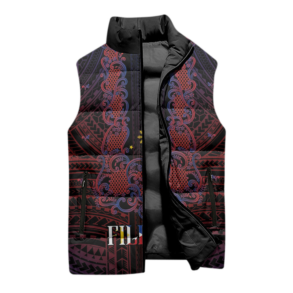 Filipino Barong Tagalog Inspired Personalised Sleeveless Puffer Jacket Mabuhay Philippines Festival Polynesian Pattern