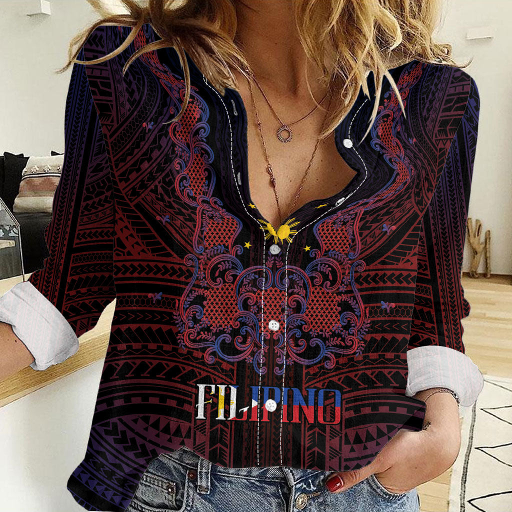 Filipino Barong Tagalog Inspired Personalised Women Casual Shirt Mabuhay Philippines Festival Polynesian Pattern