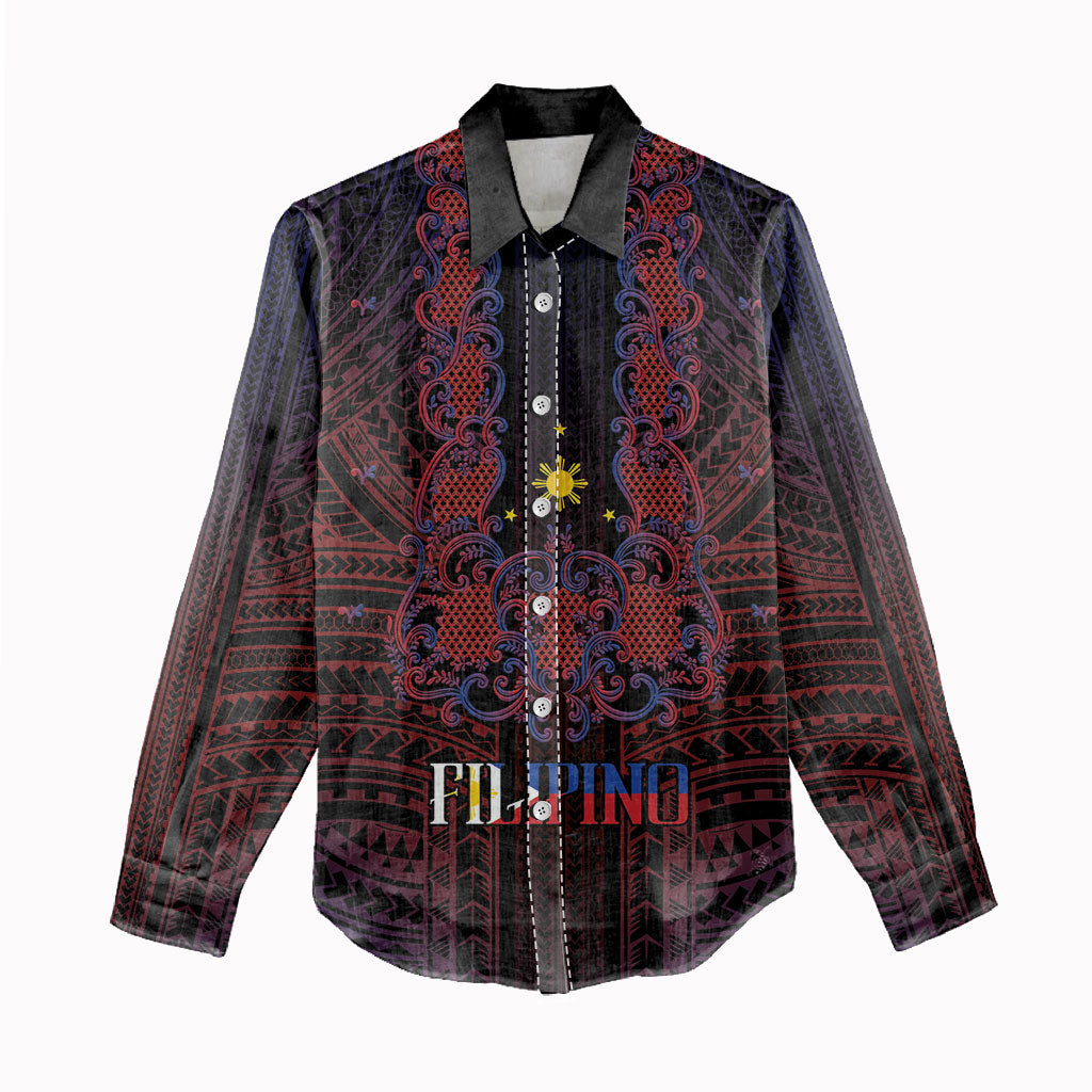 Filipino Barong Tagalog Inspired Personalised Women Casual Shirt Mabuhay Philippines Festival Polynesian Pattern
