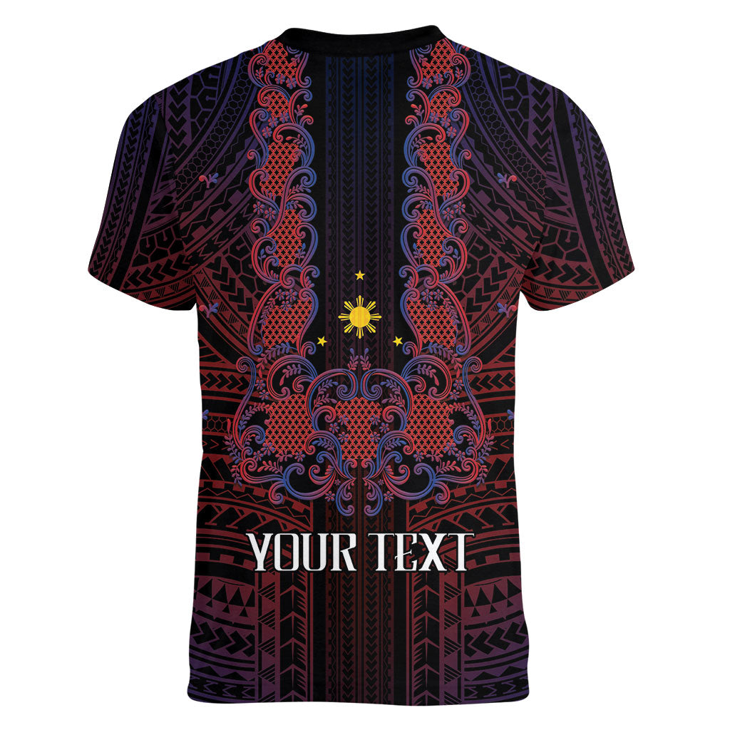 Filipino Barong Tagalog Inspired Personalised Women V-Neck T-Shirt Mabuhay Philippines Festival Polynesian Pattern