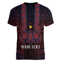 Filipino Barong Tagalog Inspired Personalised Women V-Neck T-Shirt Mabuhay Philippines Festival Polynesian Pattern