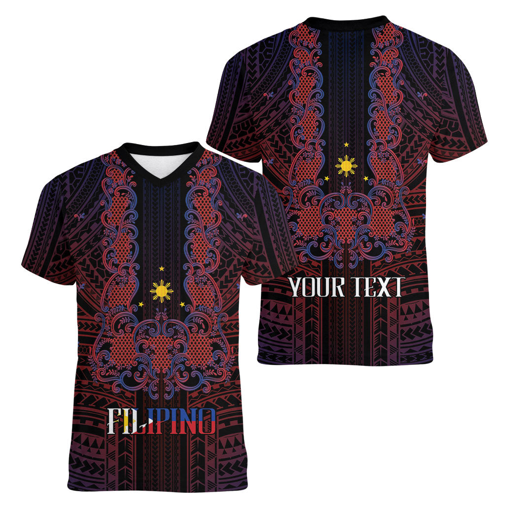 Filipino Barong Tagalog Inspired Personalised Women V-Neck T-Shirt Mabuhay Philippines Festival Polynesian Pattern