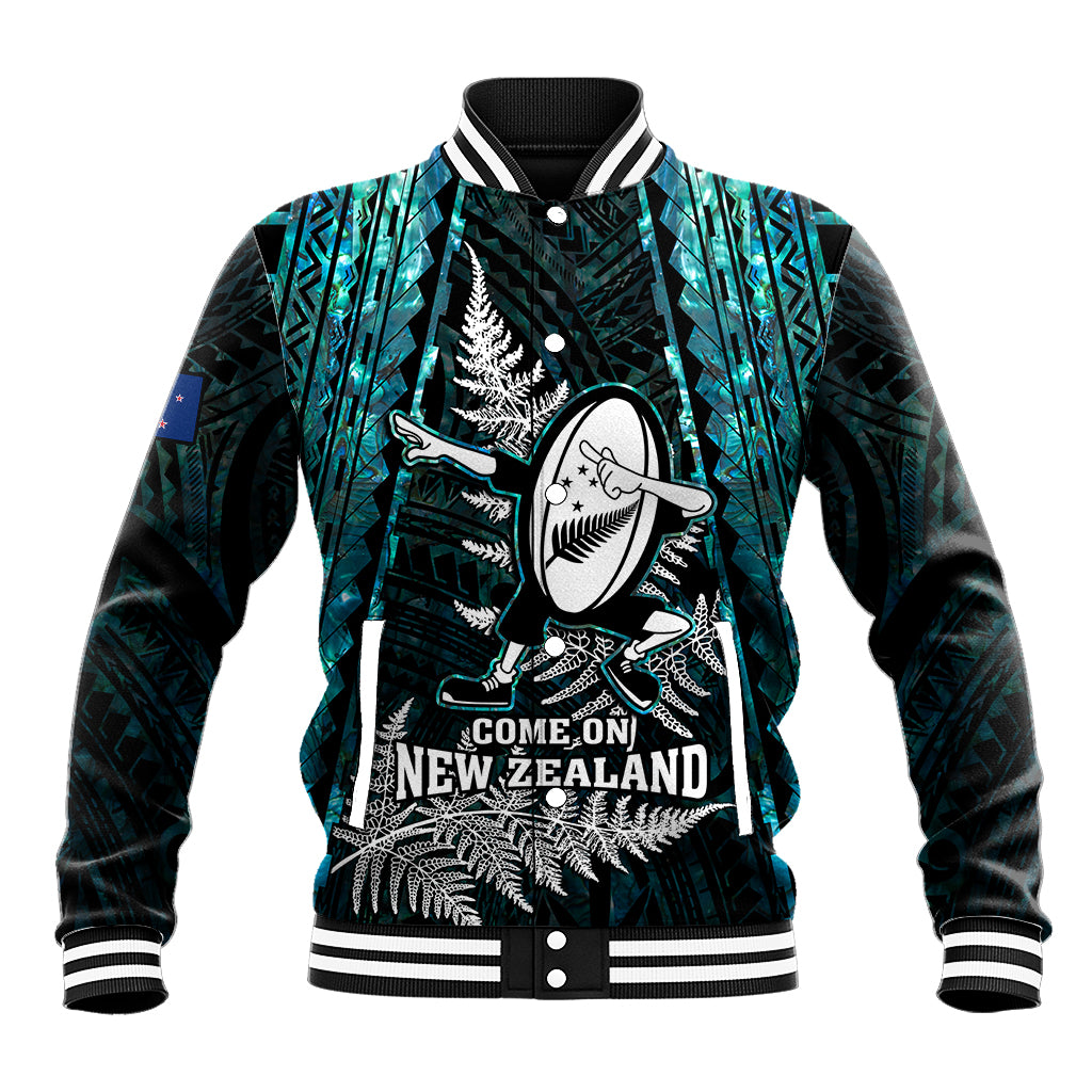 New Zealand Silver Fern Rugby Baseball Jacket Aotearoa All Black Dabbing Ball With Maori Paua Shell - Wonder Print Shop