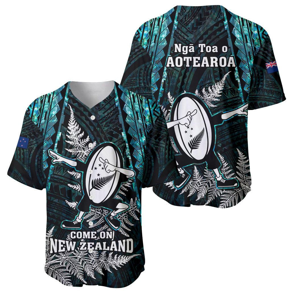 New Zealand Silver Fern Rugby Baseball Jersey Aotearoa All Black Dabbing Ball With Maori Paua Shell - Wonder Print Shop