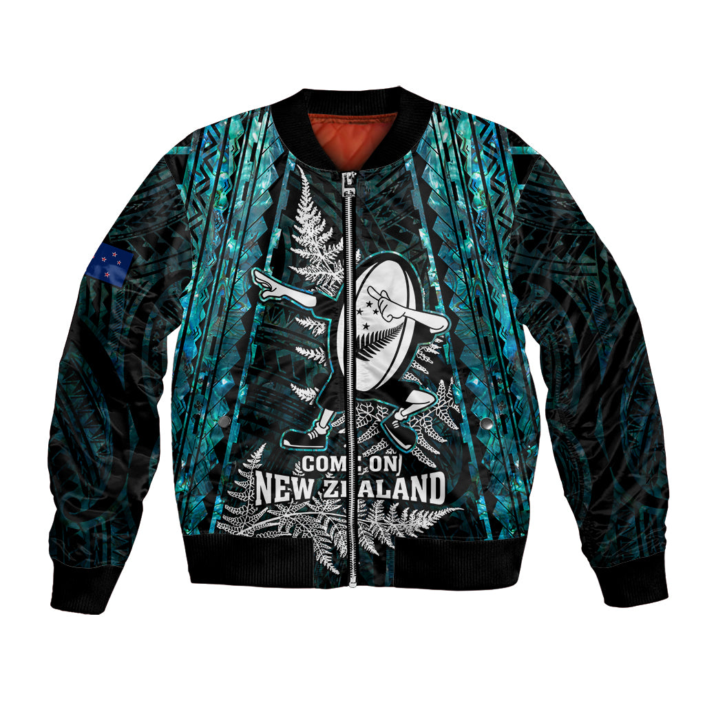 New Zealand Silver Fern Rugby Bomber Jacket Aotearoa All Black Dabbing Ball With Maori Paua Shell - Wonder Print Shop