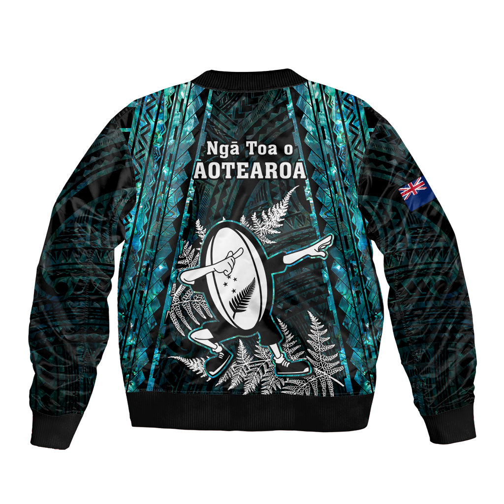 New Zealand Silver Fern Rugby Bomber Jacket Aotearoa All Black Dabbing Ball With Maori Paua Shell - Wonder Print Shop