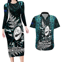 New Zealand Silver Fern Rugby Couples Matching Long Sleeve Bodycon Dress and Hawaiian Shirt Aotearoa All Black Dabbing Ball With Maori Paua Shell - Wonder Print Shop