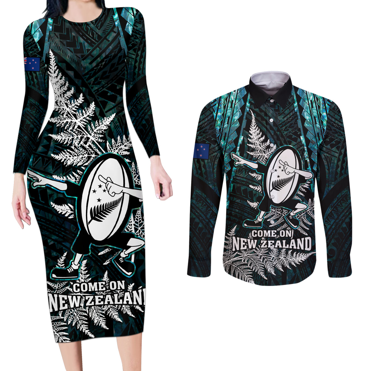 New Zealand Silver Fern Rugby Couples Matching Long Sleeve Bodycon Dress and Long Sleeve Button Shirts Aotearoa All Black Dabbing Ball With Maori Paua Shell - Wonder Print Shop