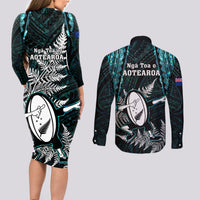 New Zealand Silver Fern Rugby Couples Matching Long Sleeve Bodycon Dress and Long Sleeve Button Shirts Aotearoa All Black Dabbing Ball With Maori Paua Shell - Wonder Print Shop