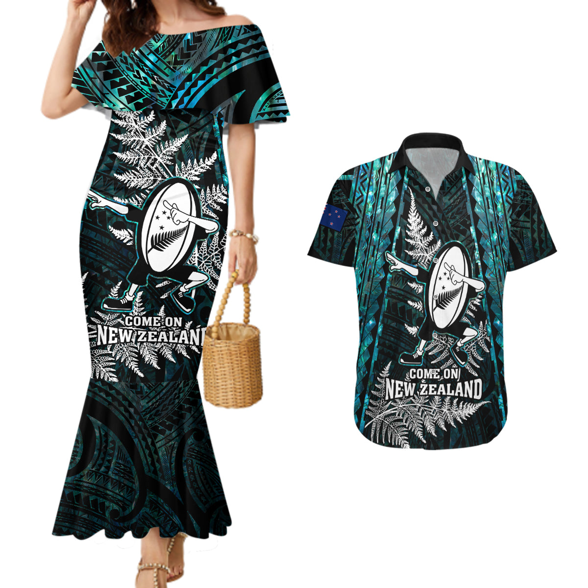 New Zealand Silver Fern Rugby Couples Matching Mermaid Dress and Hawaiian Shirt Aotearoa All Black Dabbing Ball With Maori Paua Shell - Wonder Print Shop