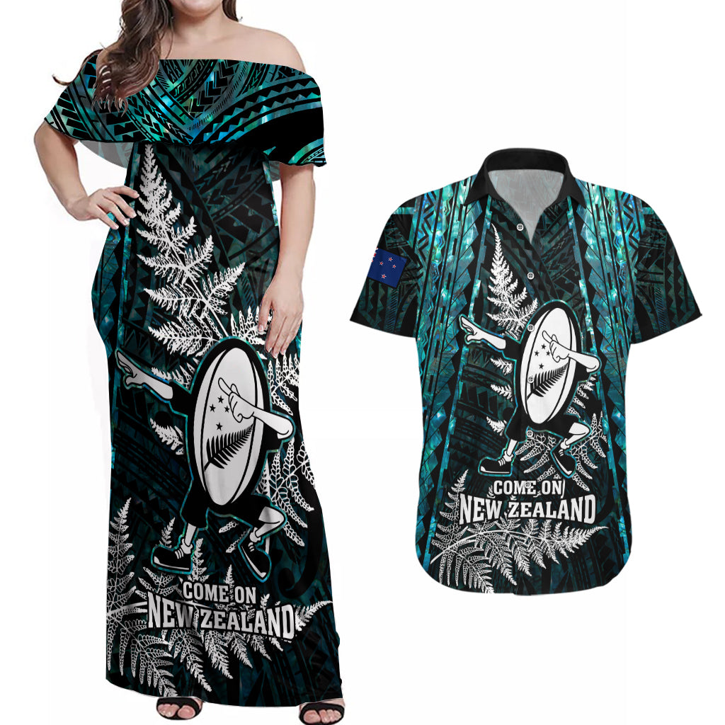 New Zealand Silver Fern Rugby Couples Matching Off Shoulder Maxi Dress and Hawaiian Shirt Aotearoa All Black Dabbing Ball With Maori Paua Shell - Wonder Print Shop