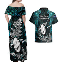 New Zealand Silver Fern Rugby Couples Matching Off Shoulder Maxi Dress and Hawaiian Shirt Aotearoa All Black Dabbing Ball With Maori Paua Shell - Wonder Print Shop