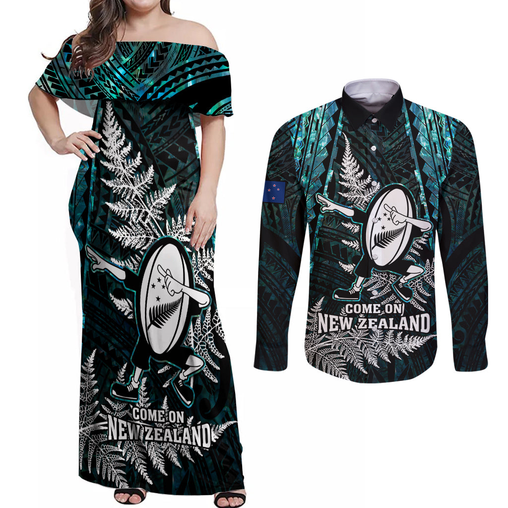 New Zealand Silver Fern Rugby Couples Matching Off Shoulder Maxi Dress and Long Sleeve Button Shirts Aotearoa All Black Dabbing Ball With Maori Paua Shell - Wonder Print Shop