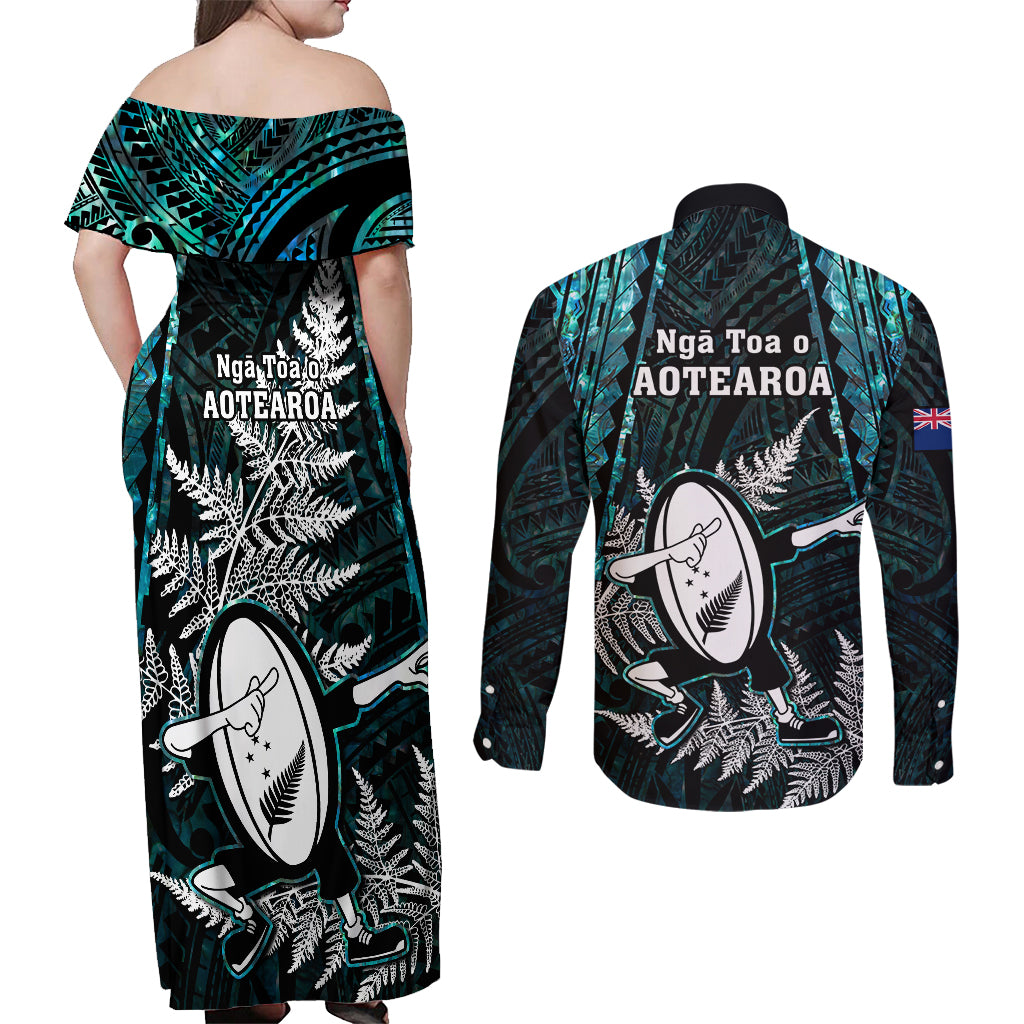 New Zealand Silver Fern Rugby Couples Matching Off Shoulder Maxi Dress and Long Sleeve Button Shirts Aotearoa All Black Dabbing Ball With Maori Paua Shell - Wonder Print Shop