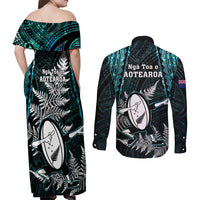 New Zealand Silver Fern Rugby Couples Matching Off Shoulder Maxi Dress and Long Sleeve Button Shirts Aotearoa All Black Dabbing Ball With Maori Paua Shell - Wonder Print Shop