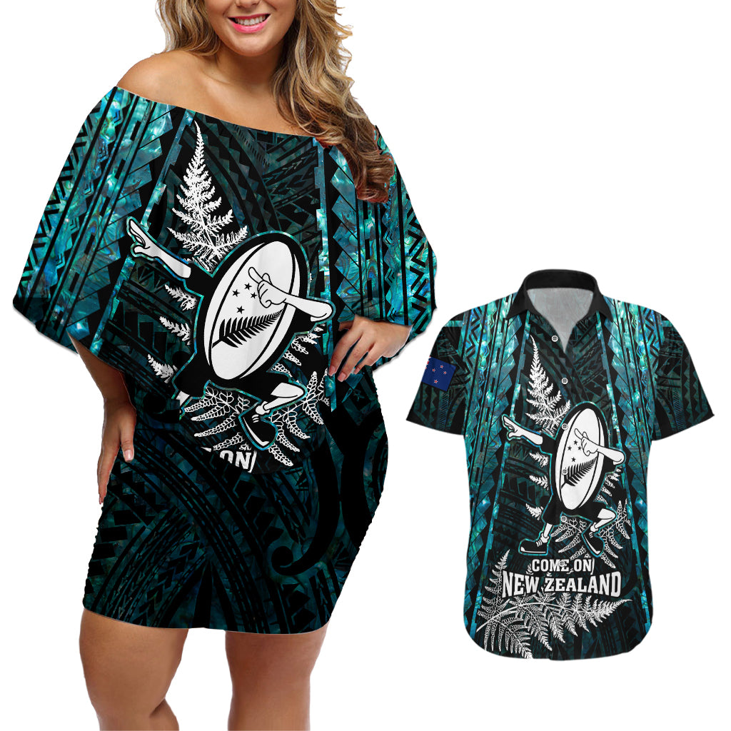 New Zealand Silver Fern Rugby Couples Matching Off Shoulder Short Dress and Hawaiian Shirt Aotearoa All Black Dabbing Ball With Maori Paua Shell - Wonder Print Shop