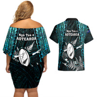 New Zealand Silver Fern Rugby Couples Matching Off Shoulder Short Dress and Hawaiian Shirt Aotearoa All Black Dabbing Ball With Maori Paua Shell - Wonder Print Shop