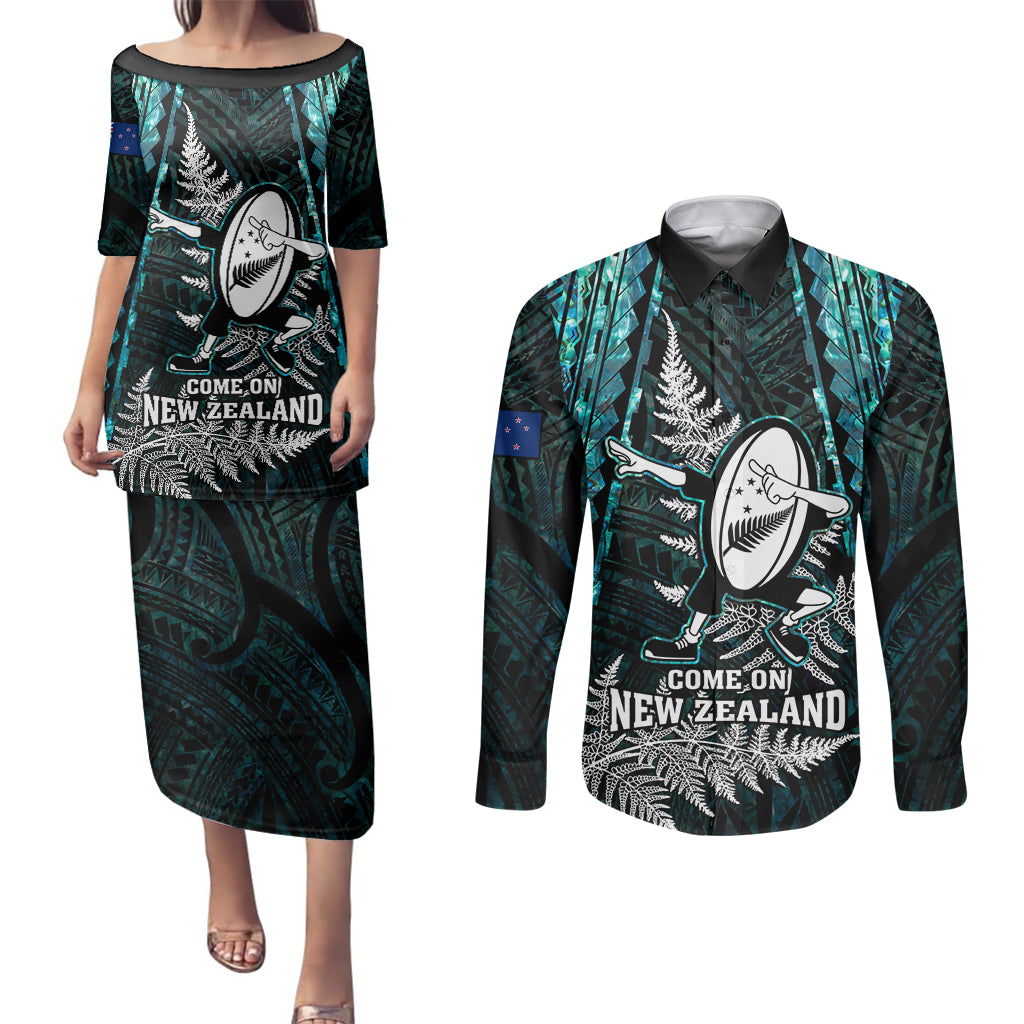 New Zealand Silver Fern Rugby Couples Matching Puletasi Dress and Long Sleeve Button Shirts Aotearoa All Black Dabbing Ball With Maori Paua Shell - Wonder Print Shop