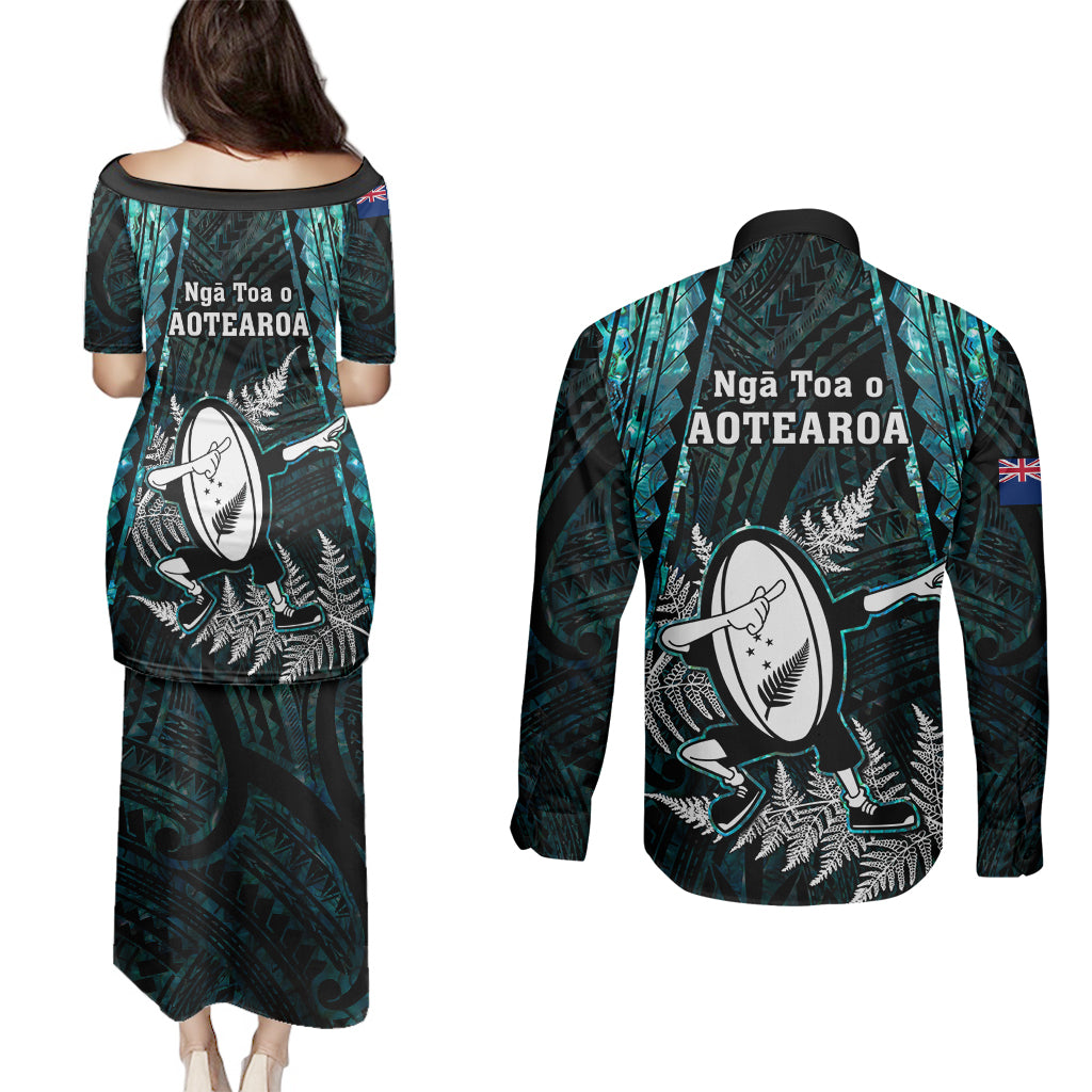 New Zealand Silver Fern Rugby Couples Matching Puletasi Dress and Long Sleeve Button Shirts Aotearoa All Black Dabbing Ball With Maori Paua Shell - Wonder Print Shop