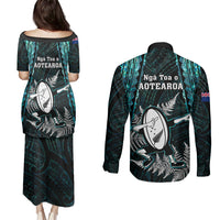 New Zealand Silver Fern Rugby Couples Matching Puletasi Dress and Long Sleeve Button Shirts Aotearoa All Black Dabbing Ball With Maori Paua Shell - Wonder Print Shop