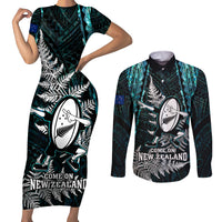 New Zealand Silver Fern Rugby Couples Matching Short Sleeve Bodycon Dress and Long Sleeve Button Shirts Aotearoa All Black Dabbing Ball With Maori Paua Shell - Wonder Print Shop